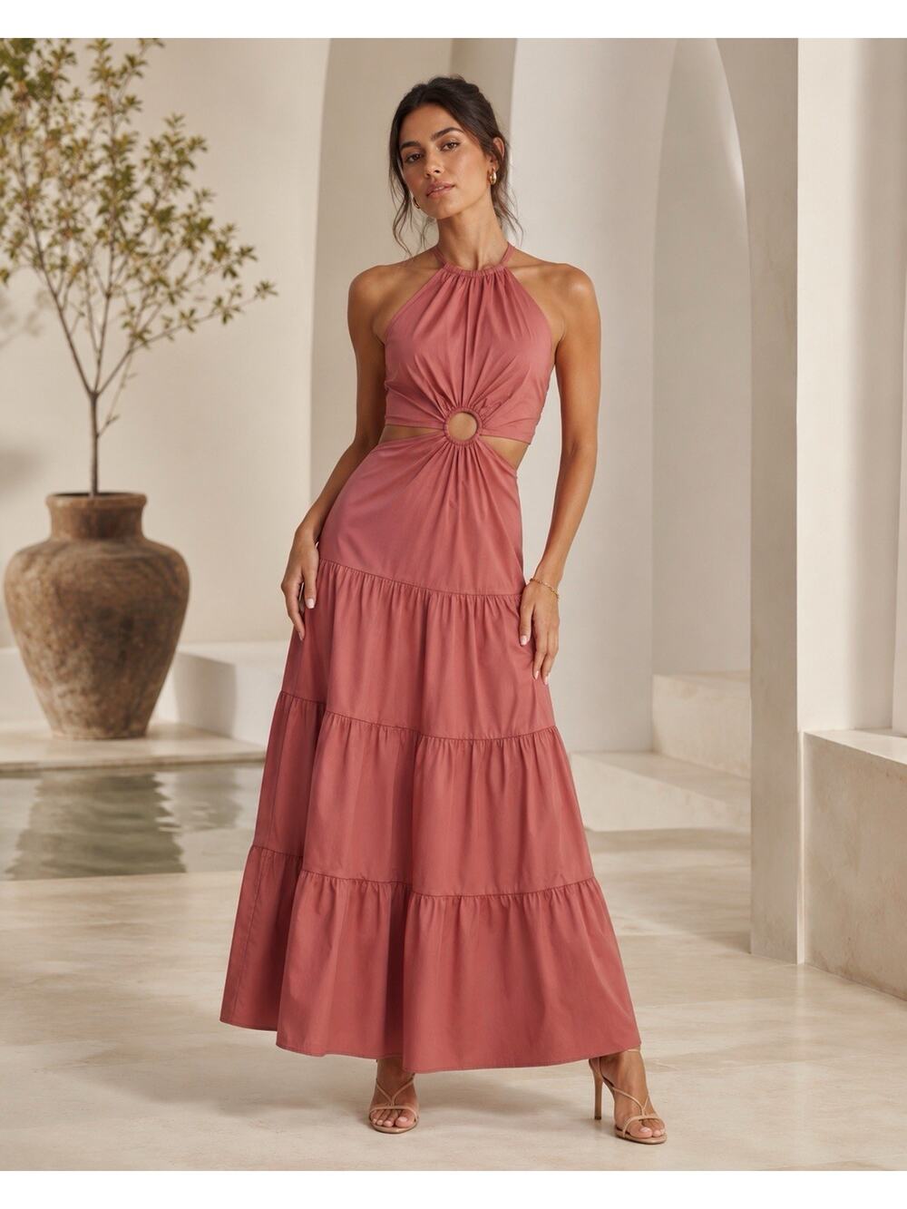 Gabrielle Union Womens Maxi Dress XL Pink Tiered Beachy Cruise Vacation Resort